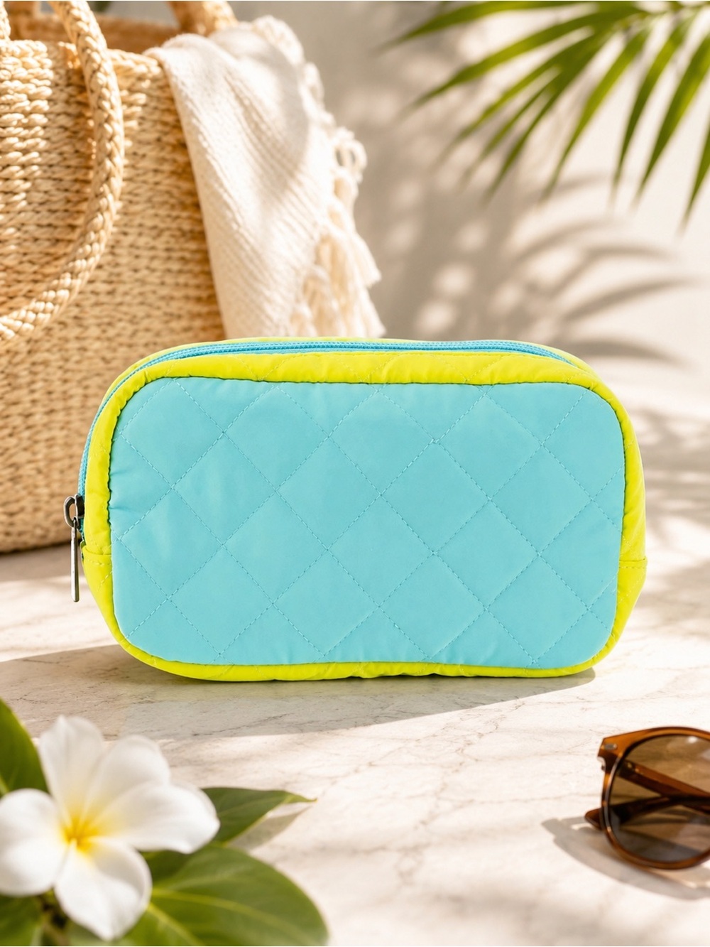 Haute Shore Charli Cosmetic Pouch NWT Blue Yellow Quilted Puffer Makeup Bag